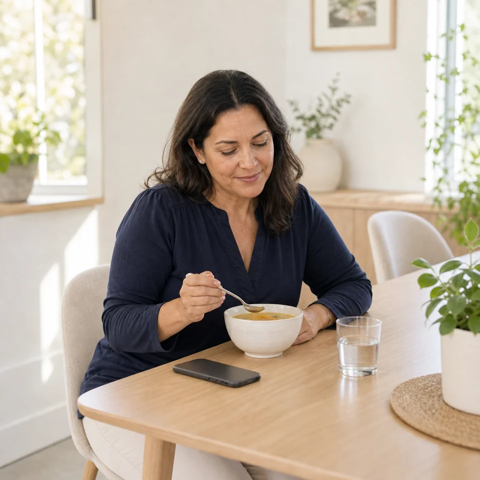 Woman eating a small meal at her dining table at home