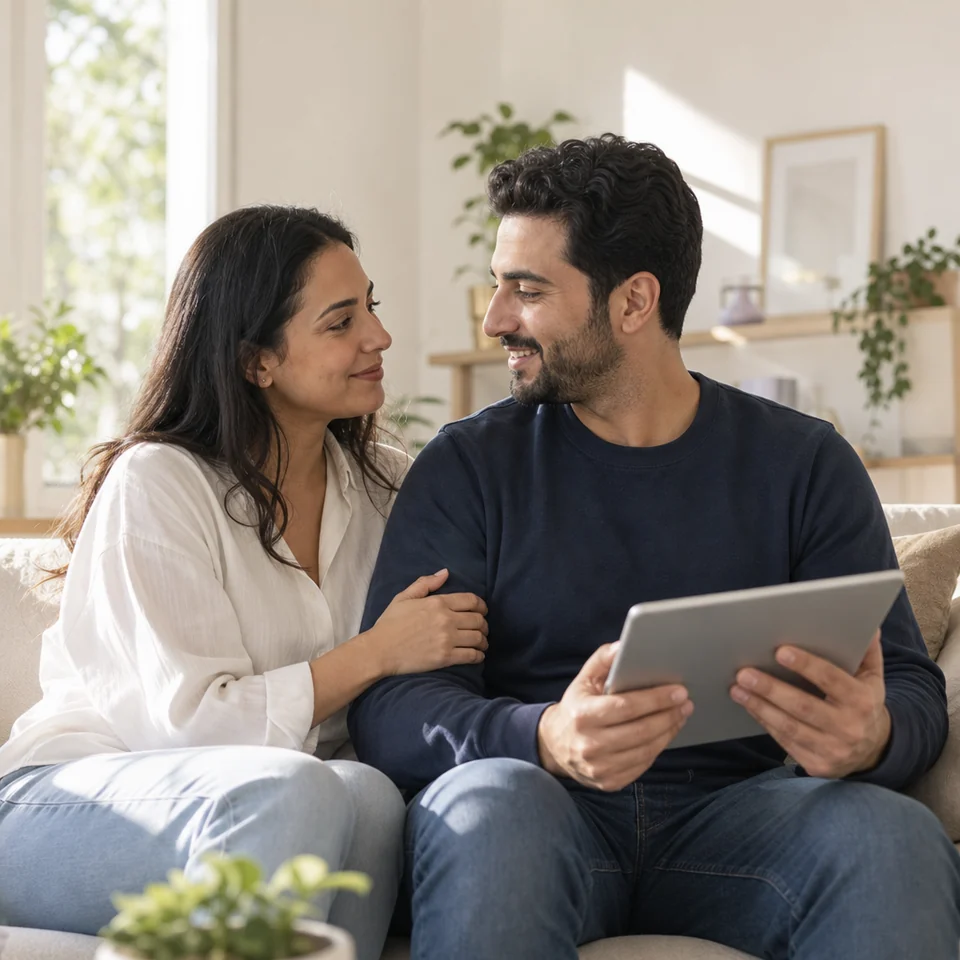 Couple sitting together on a sofa while one completes a wellbeing check-in