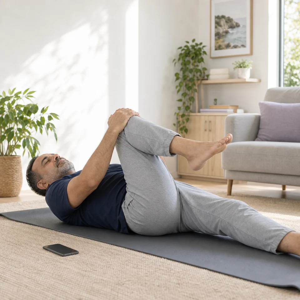 A man doing a gentle knee-to-chest stretch on a mat in his living room