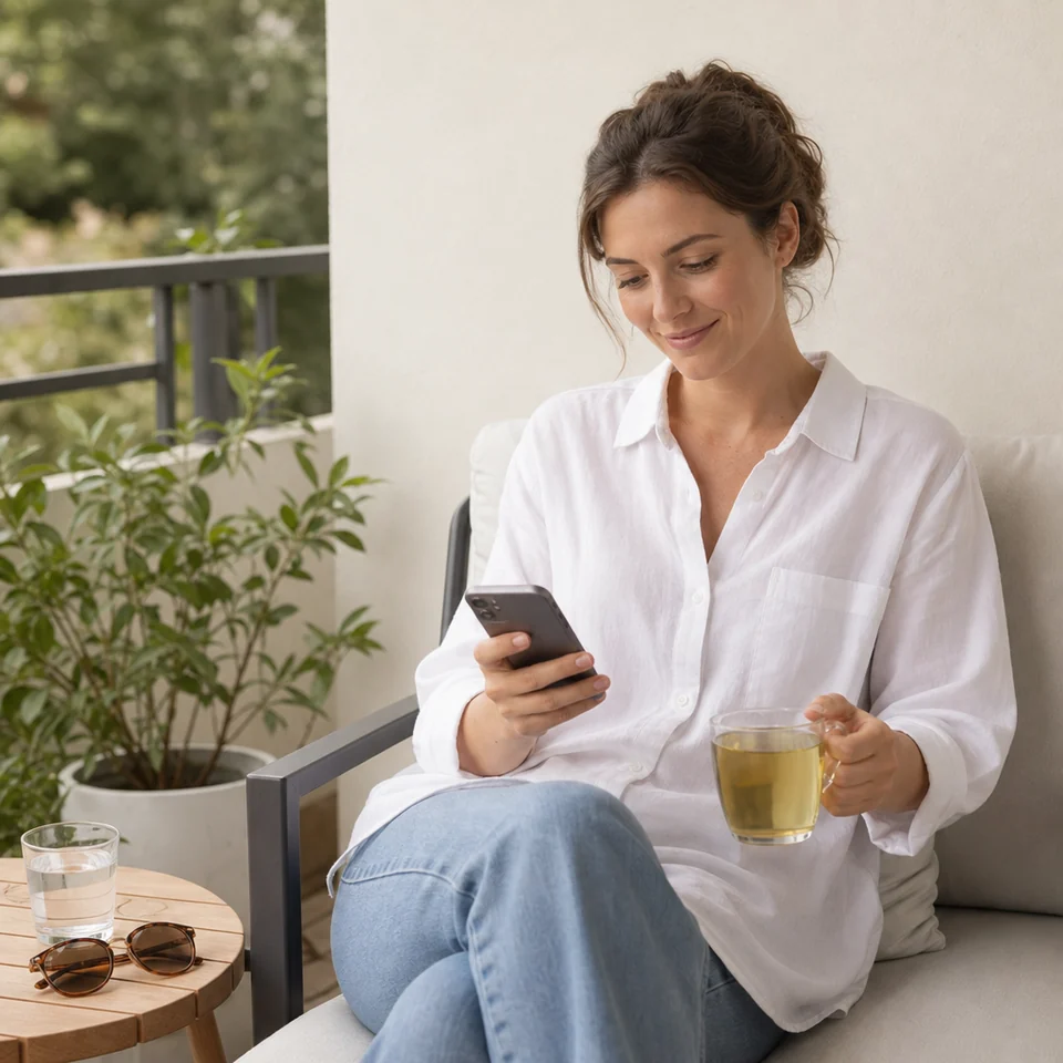 A young woman on a shaded balcony with a cup of tea, looking at her phone