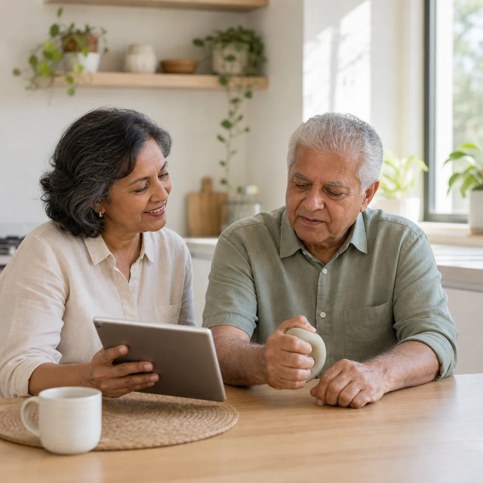 An older man doing a hand exercise with a therapy ball at home, with his wife beside him