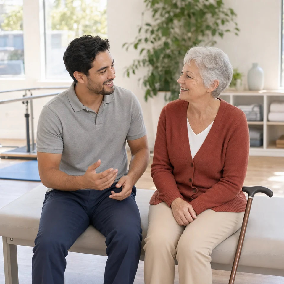A physiotherapist and an older woman talking on a treatment bench in a rehabilitation gym
