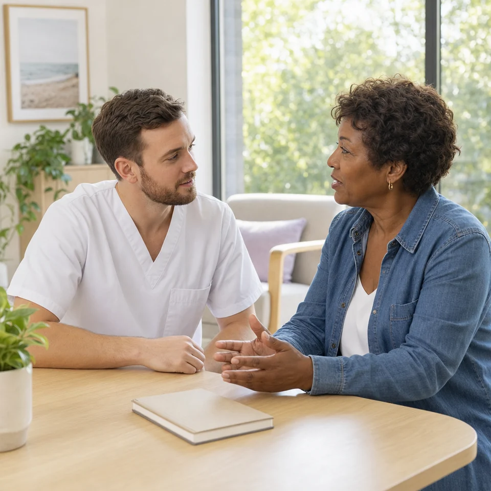 An oncology nurse listening to a patient in a quiet consultation room