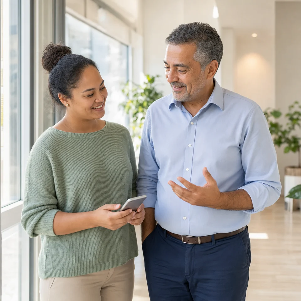 A clinician and a younger woman talking by a window in a calm clinic