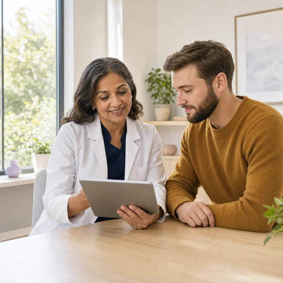 A dermatologist and a young man looking at a tablet together in a bright clinic