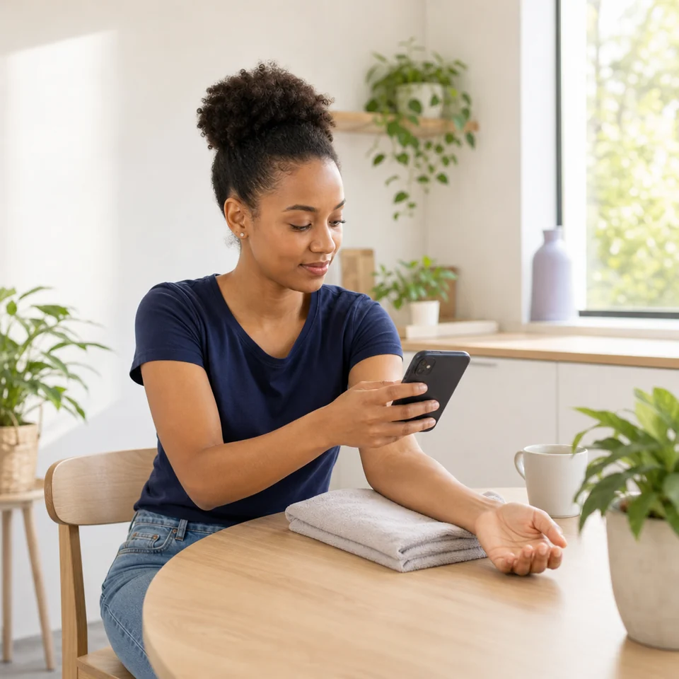 Young woman photographing her forearm with a phone by a bright window