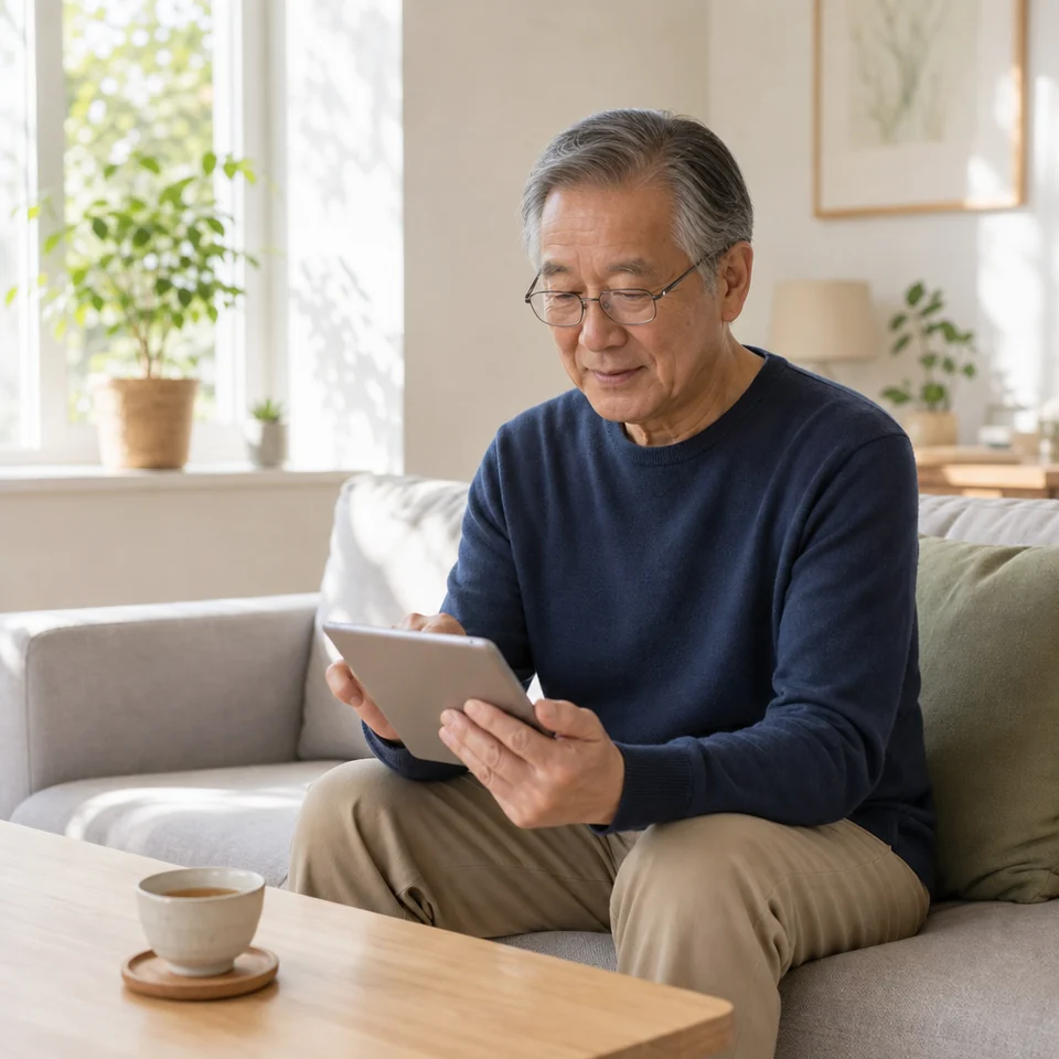 Older man completing a skin history form on a tablet at home