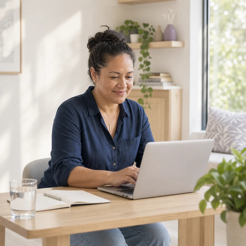 Woman filling in a dermatology intake form on a laptop at home