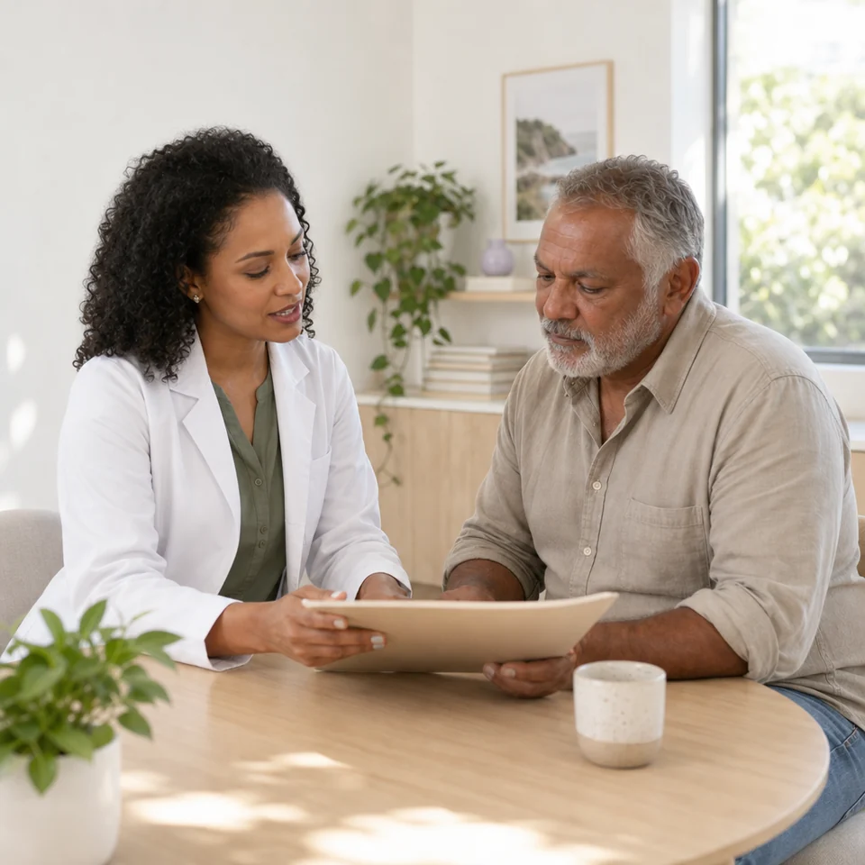Dermatologist and a man agreeing a skin care plan at a consultation table
