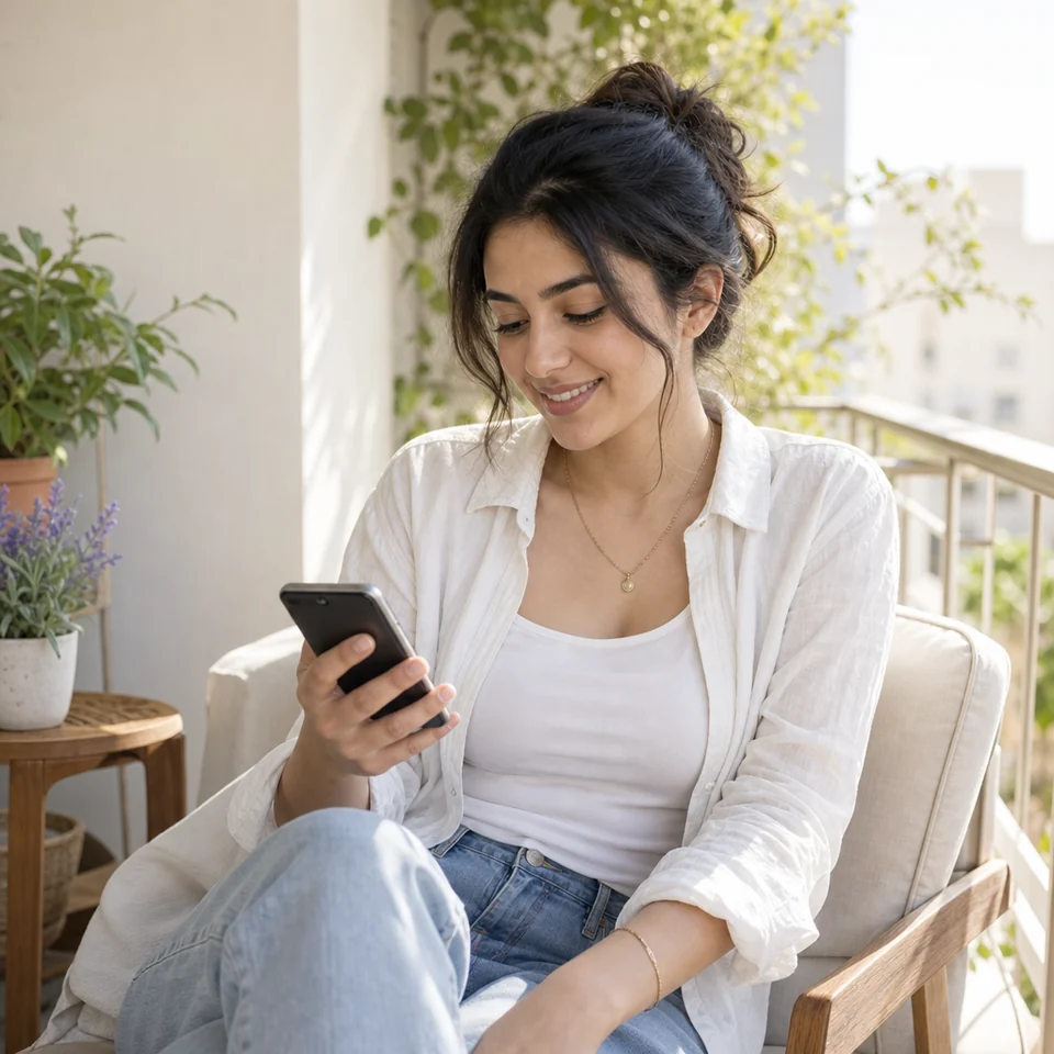 Young woman reading a follow-up reminder on her phone on a balcony