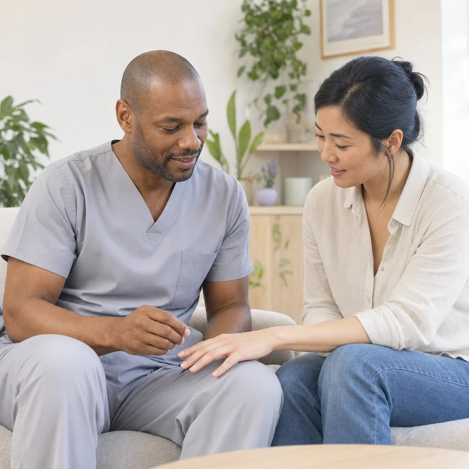 A dermatology nurse talking with a patient who shows him the back of her hand