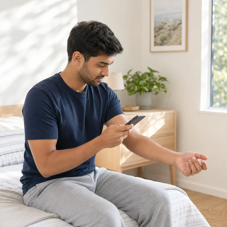 Young man photographing his forearm with his phone at home