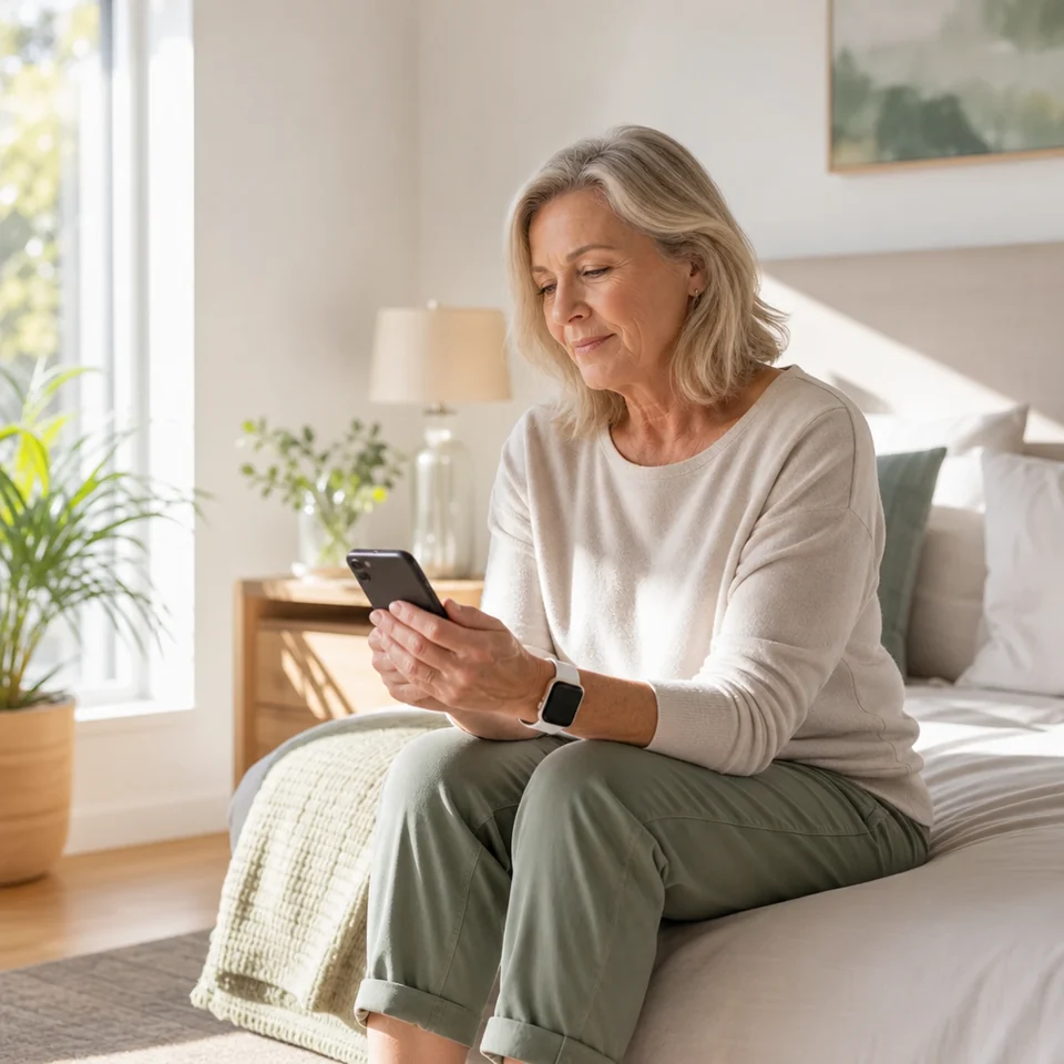 Woman sitting on her bed in the morning completing a sleep check-in