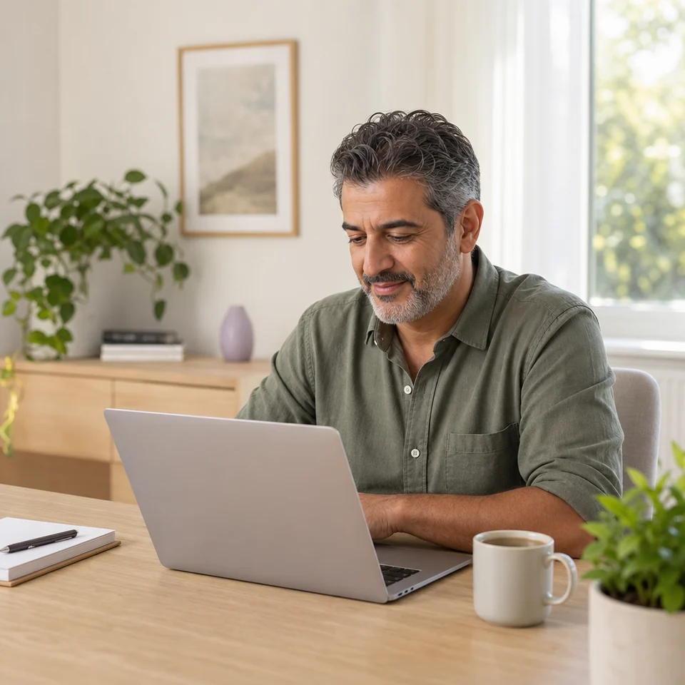 Man working at his desk at home on an ordinary day