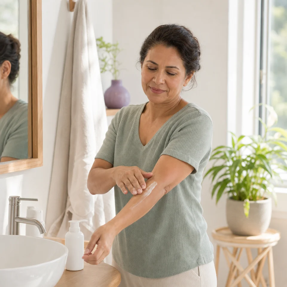 Woman applying moisturiser to her forearm as part of her skin care routine