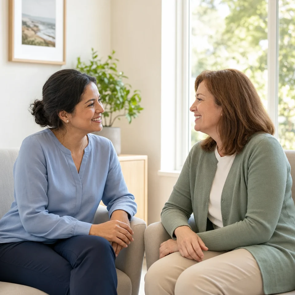 A GP and a woman in her fifties talking about menopause care in a bright consultation room