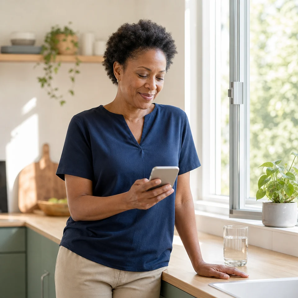 A woman in her kitchen adding a morning entry to her symptom diary on her phone