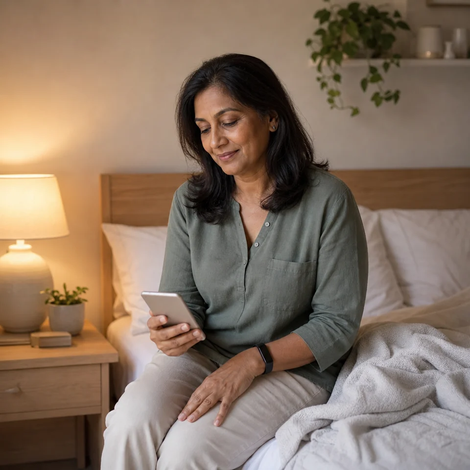 A woman sitting on her bed at night noting how she slept on her phone