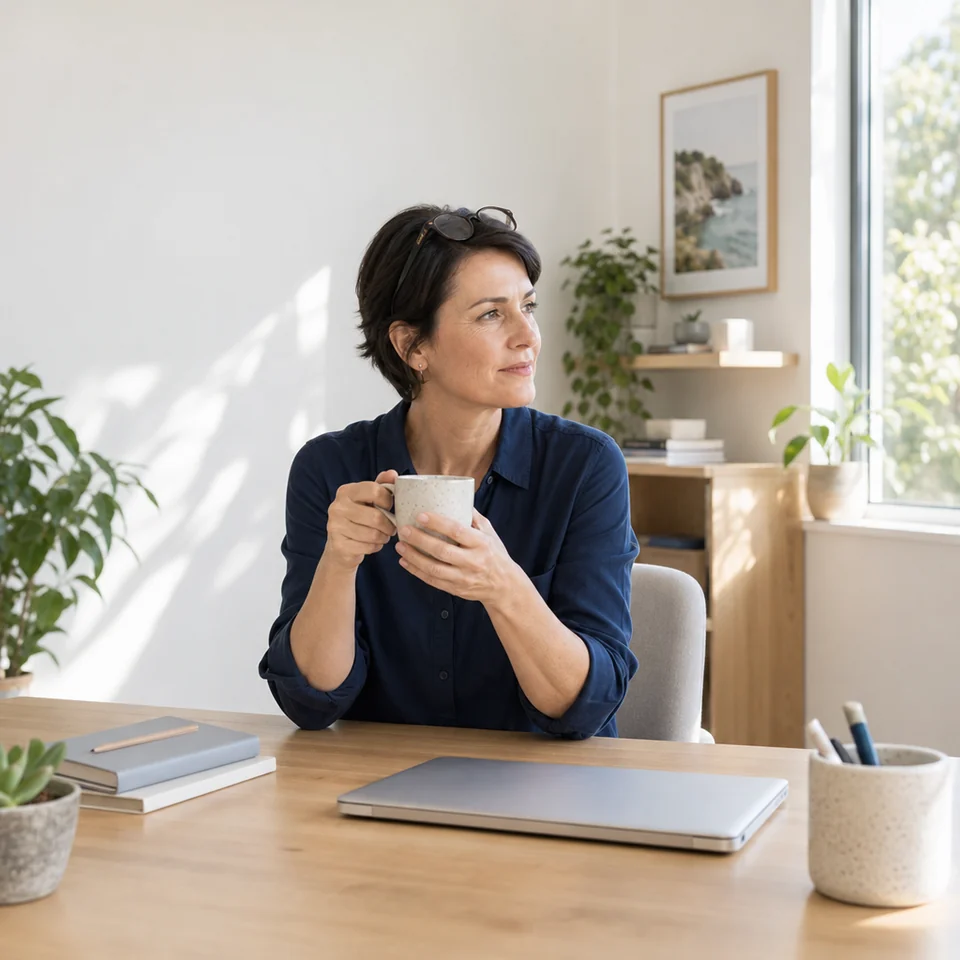 A woman pausing at her home office desk to reflect before a wellbeing check-in