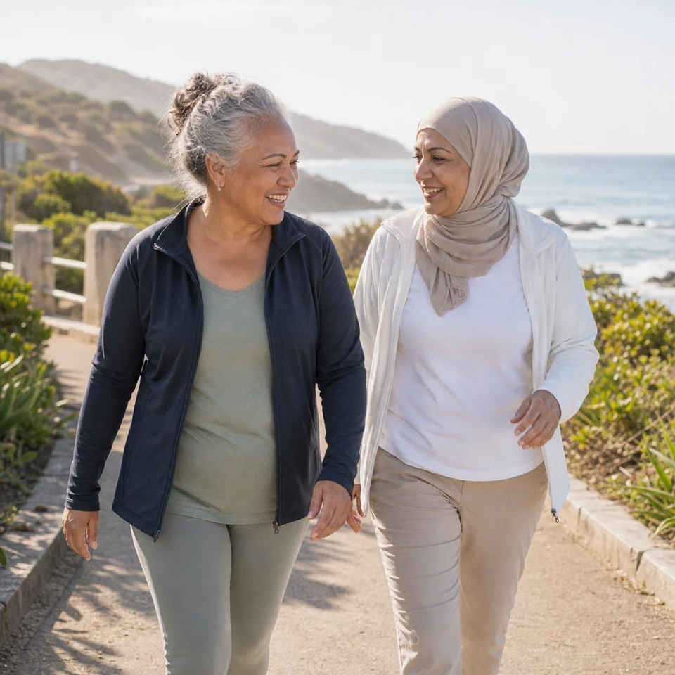 Two women in their sixties walking together on a coastal path