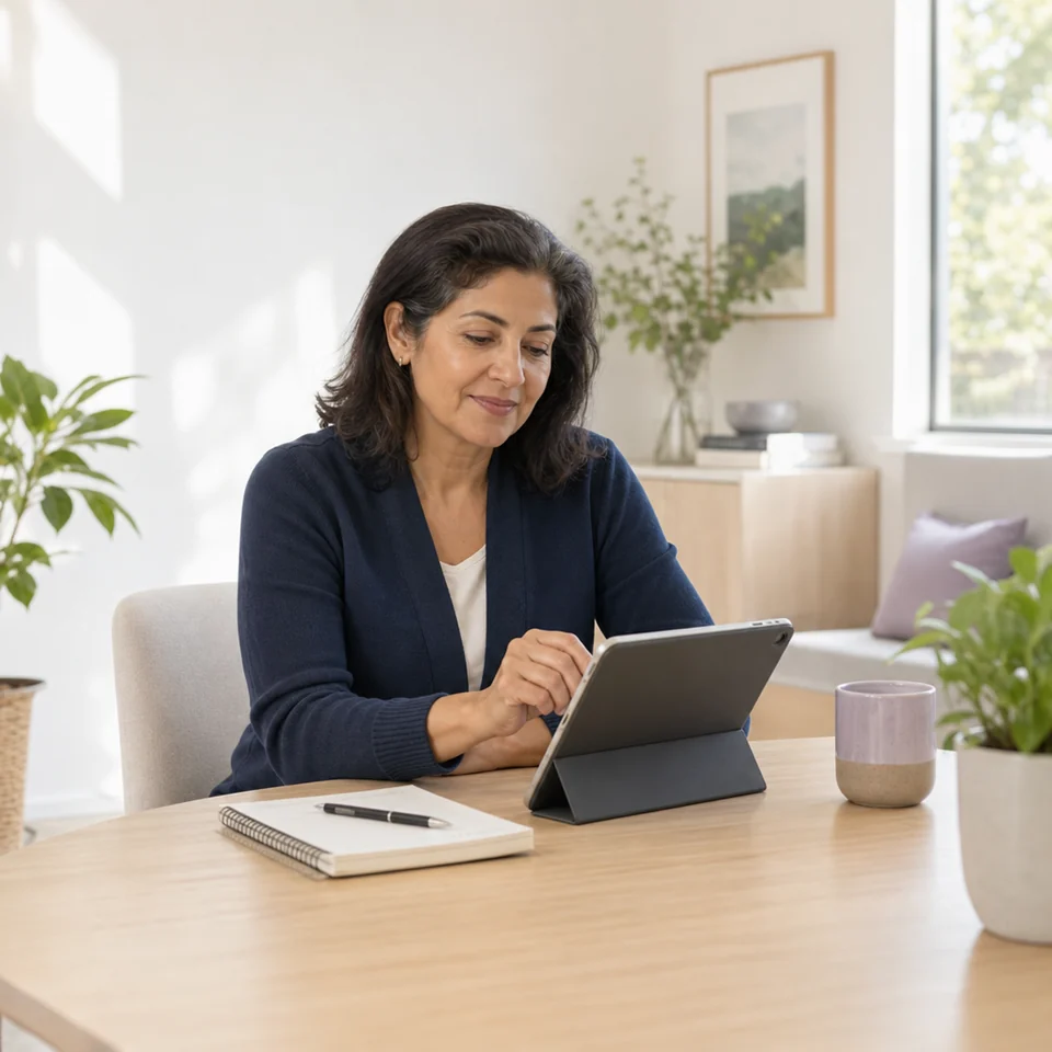A woman completing a menopause intake form on a tablet at her dining table