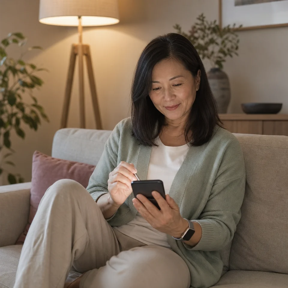 A woman on her sofa in the evening adding an entry to her symptom diary