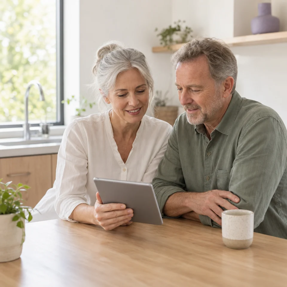 A woman and her partner reading menopause plan information together at home