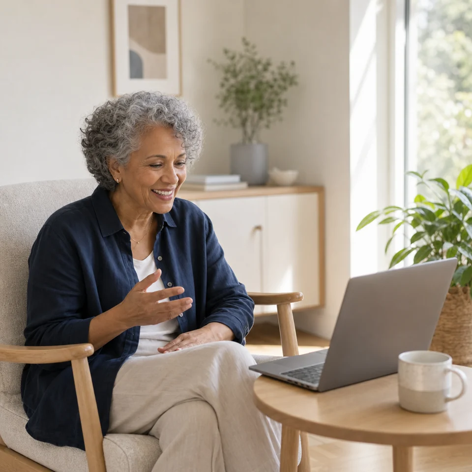 A woman at home joining a video follow-up with her care team