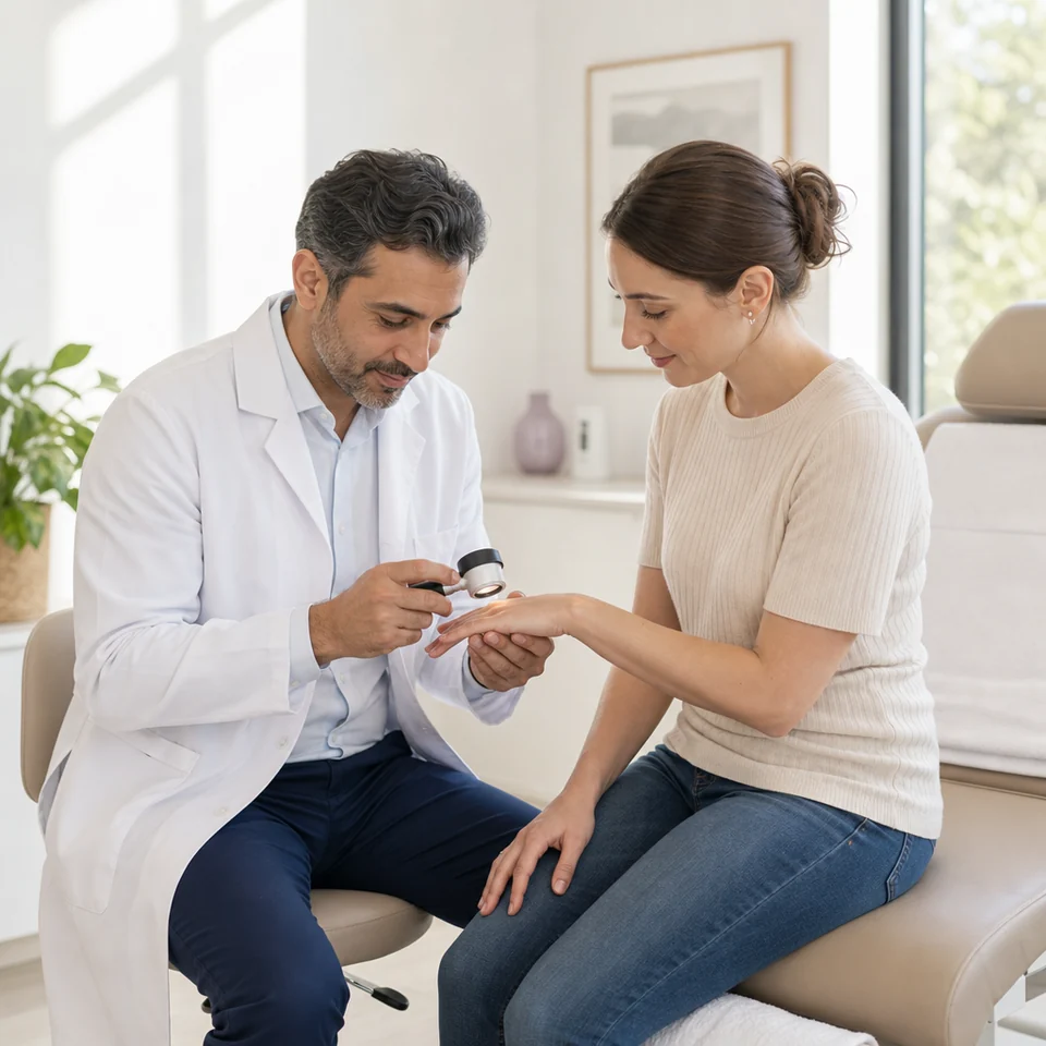 A dermatologist examining the back of a patient's hand in a clinic room