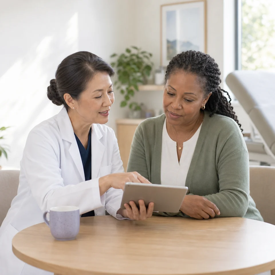 A gynaecologist talking with a patient in a clinic consultation room