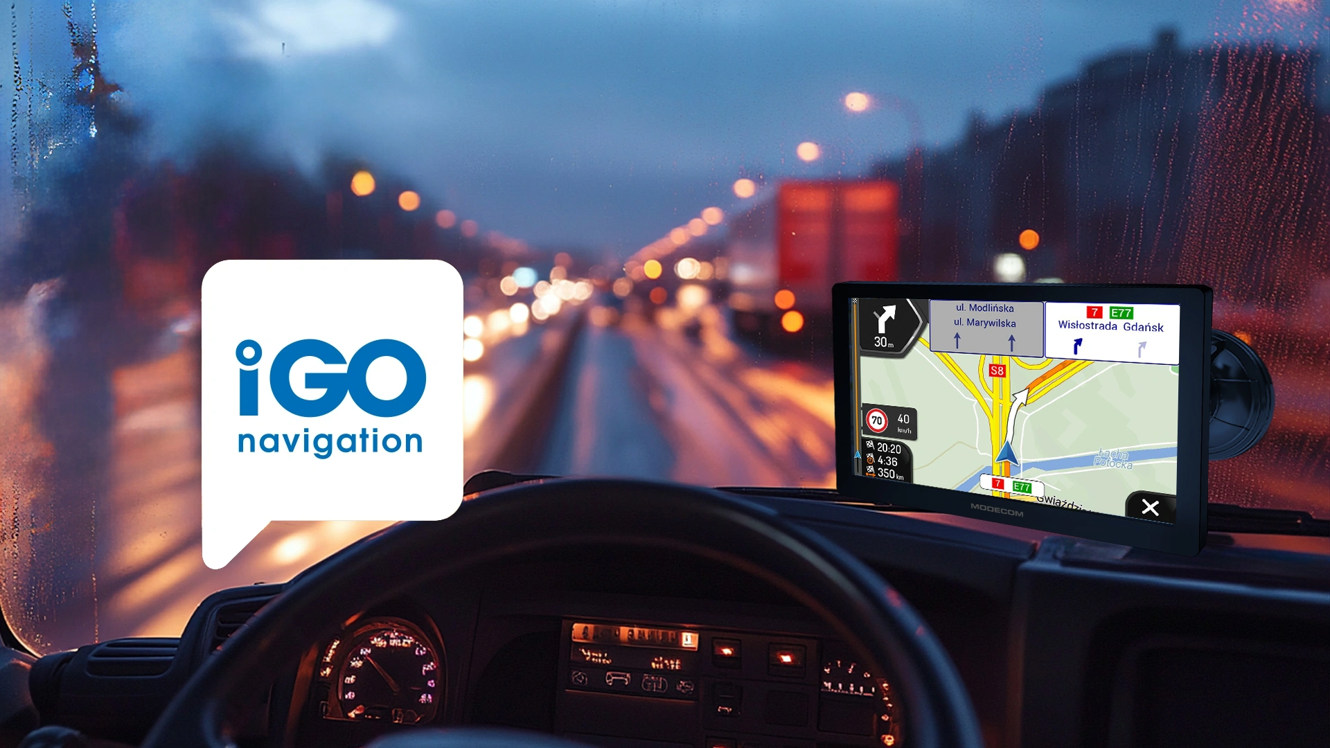 ORYGINALNE OPROGRAMOWANIE iGO NAVIGATION TRUCK. Wyświetlacz w rozmiarze 9” to cecha charakterystyczna modelu MODECOM FreeWAY CX 9.4. 