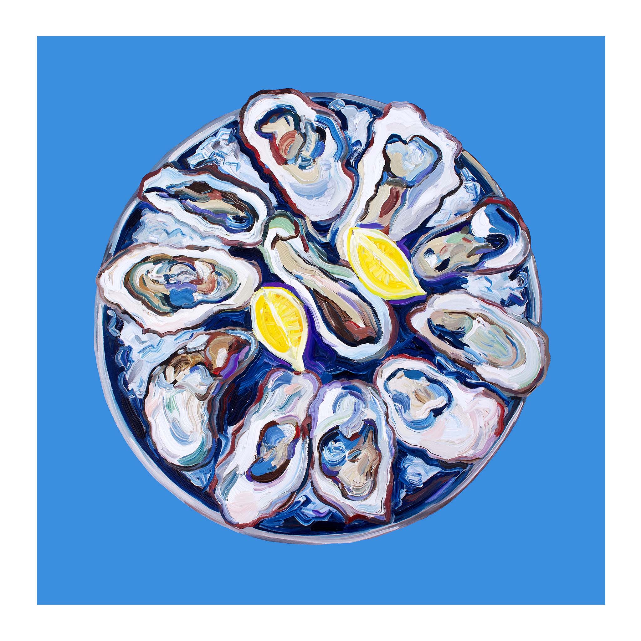 Oysters on a Plate Blue Art Print