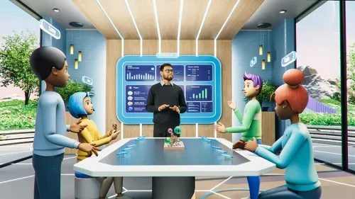 A man in a virtual metaverse meeting room engaging with colleagues in avatar form