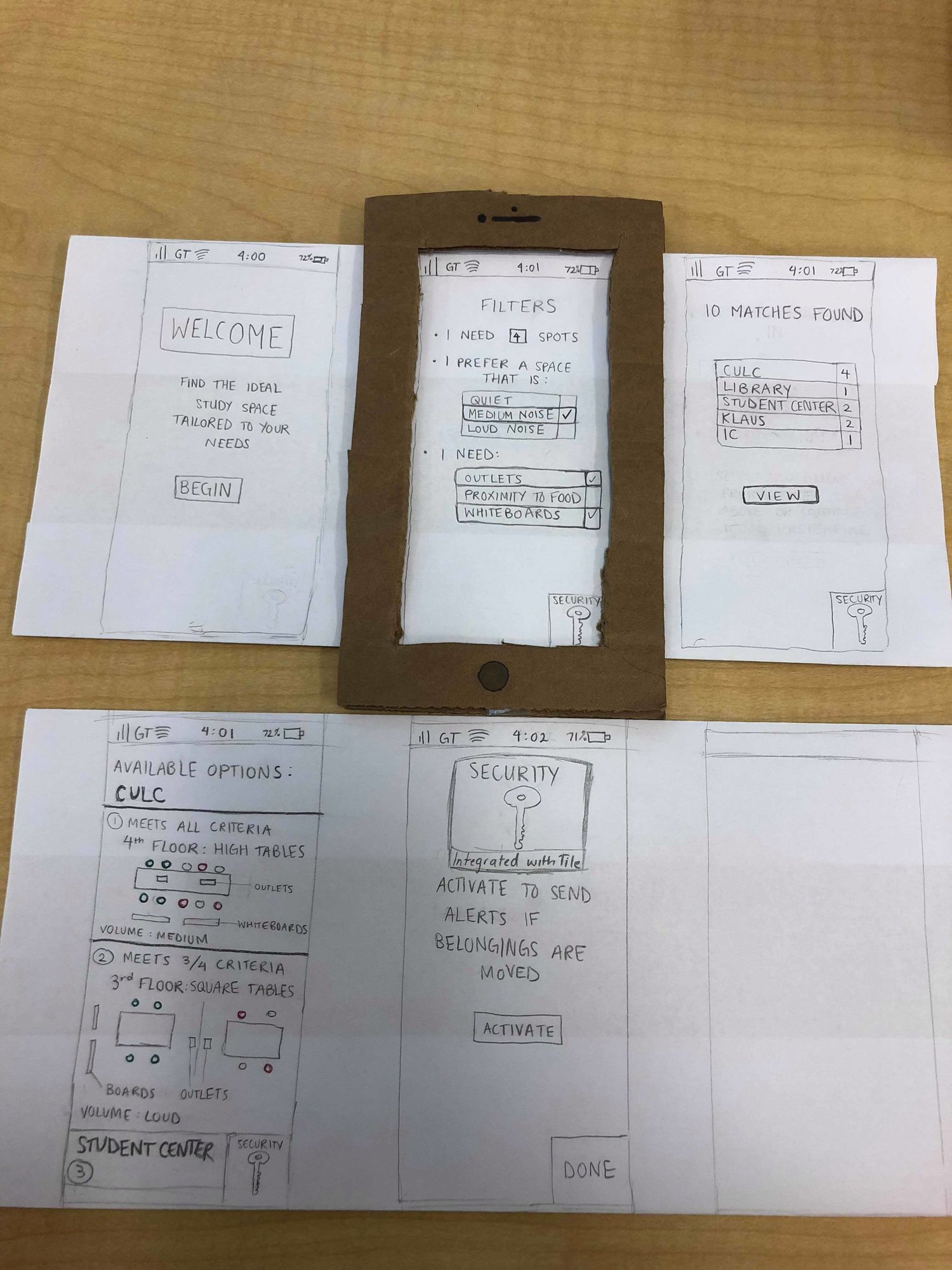 Low fidelity paper prototype of an app