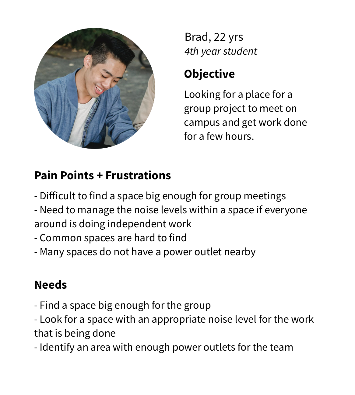 The second persona is an age 22, 4th year college student that is looking for a group study space on campus.