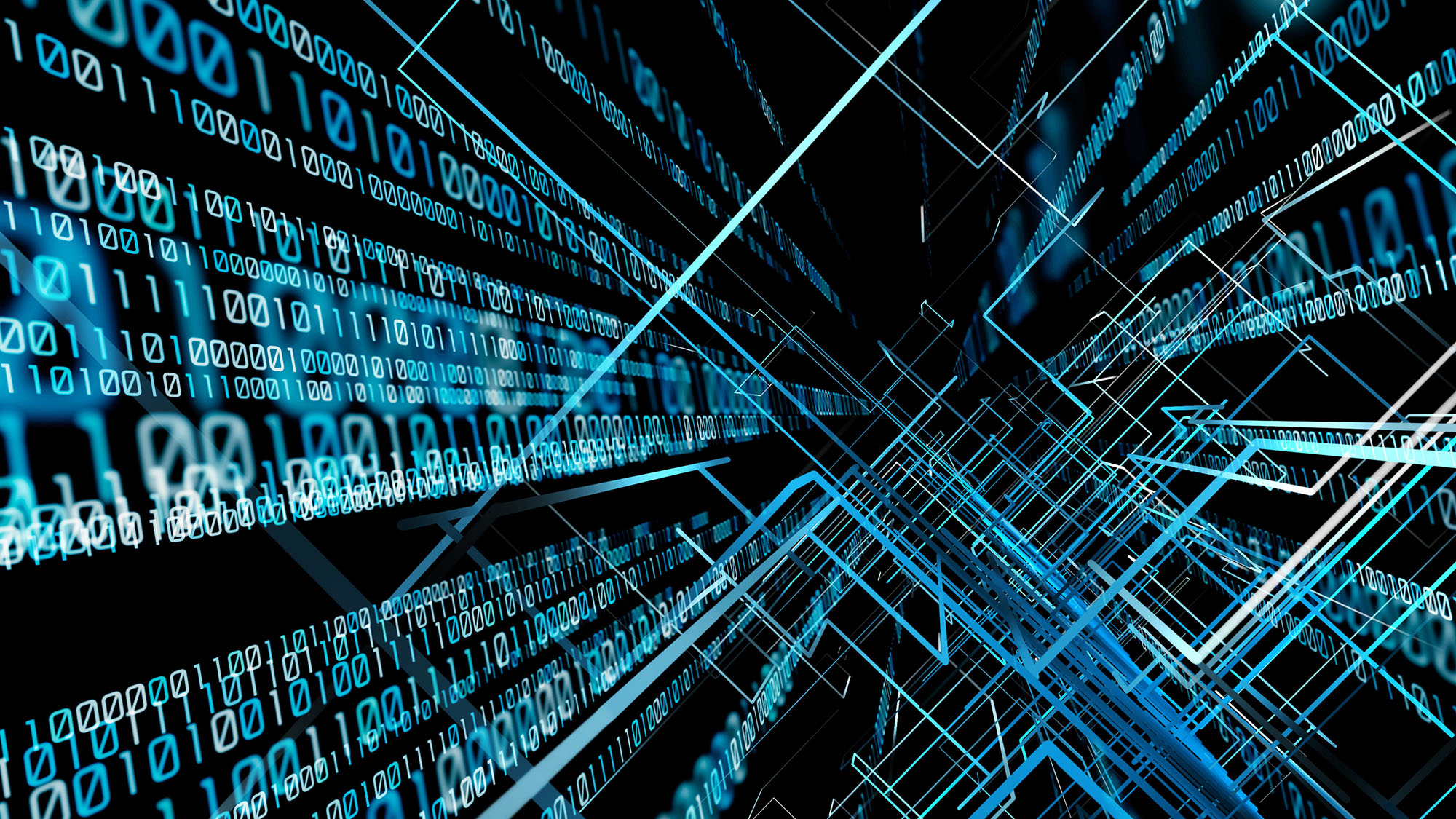 Abstract digital illustration showing streams of binary code and data lines moving across a dark background, representing data processing and information flow.