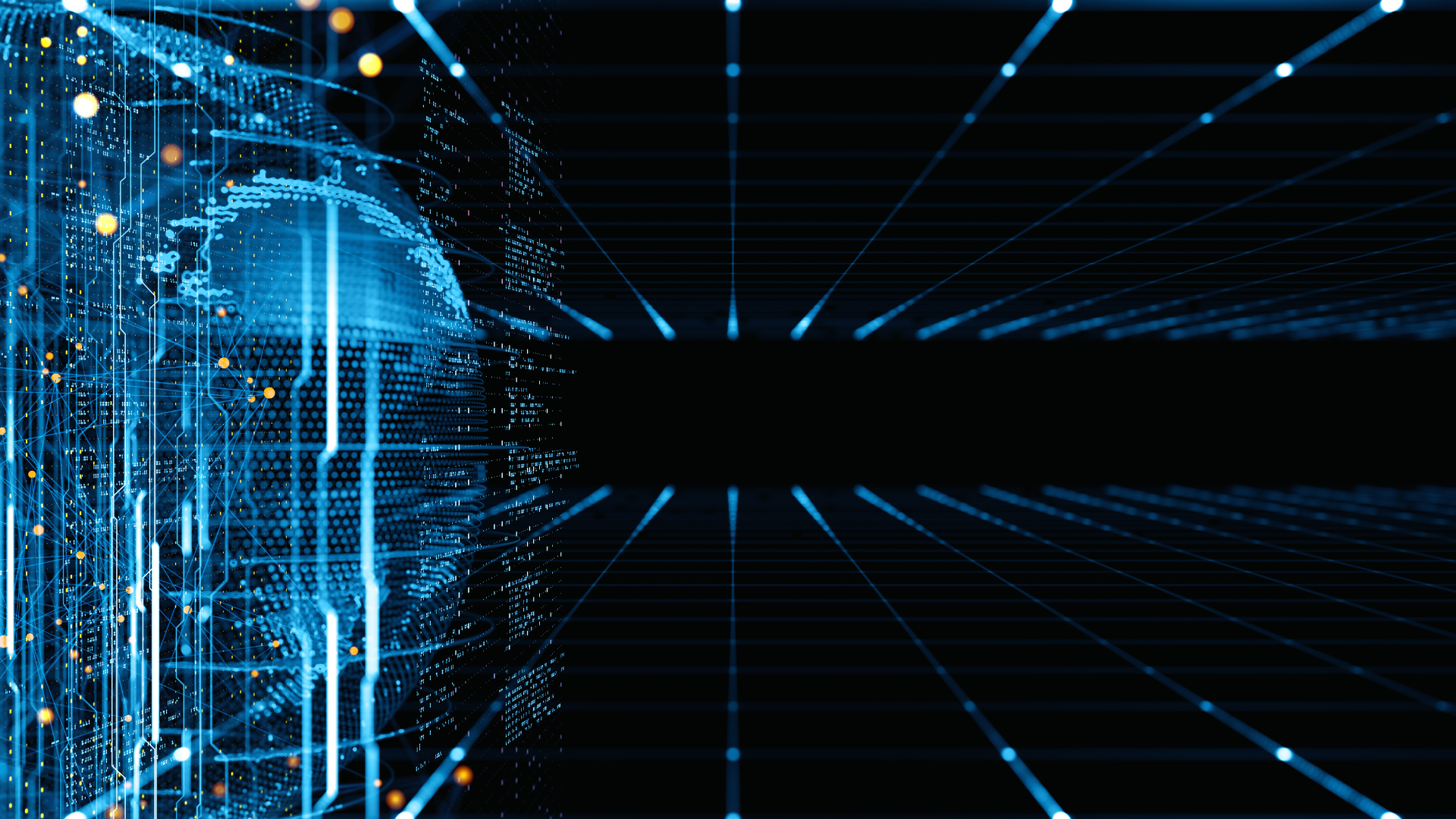 Abstract digital technology background featuring a glowing blue data sphere with circuit lines and network nodes on the left, extending into a dark futuristic grid tunnel with copy space on the right.