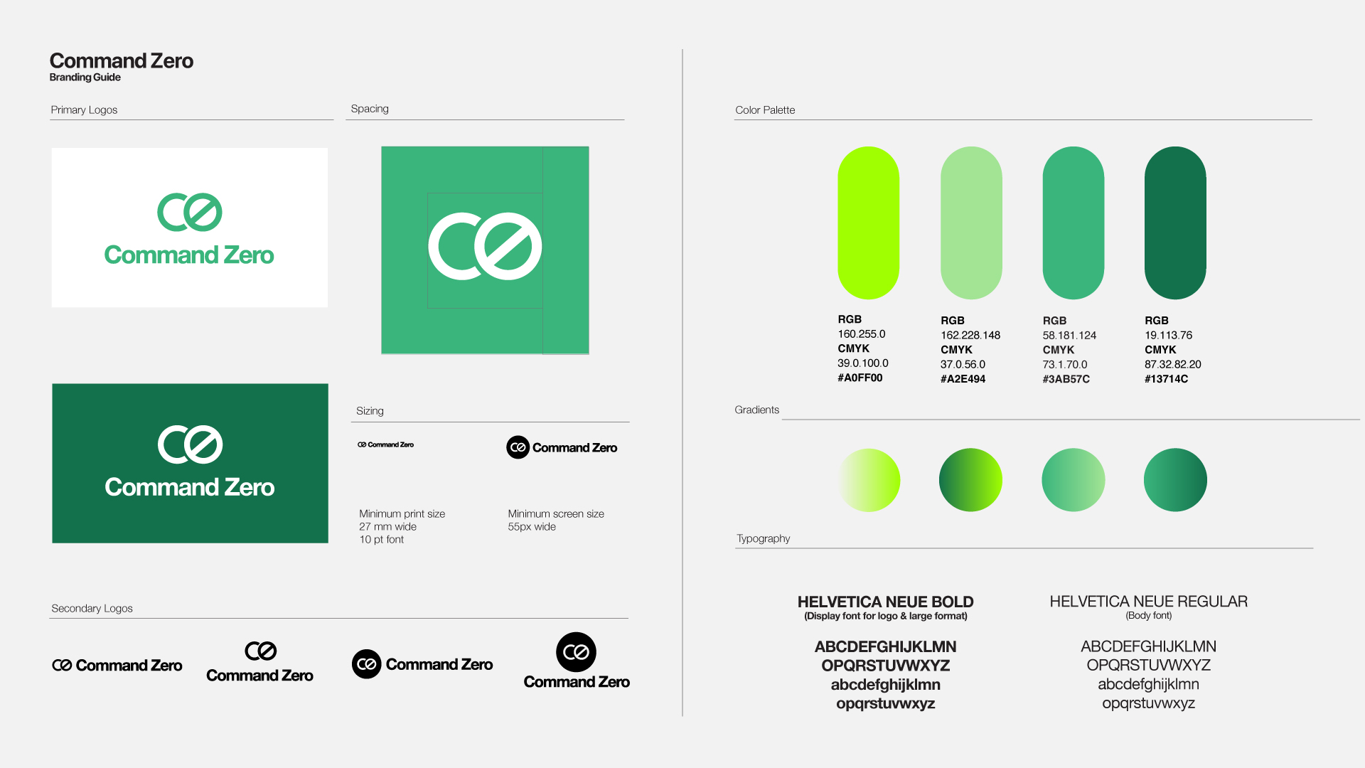 Command Zero brand guide: logo lockups, greens and typography
