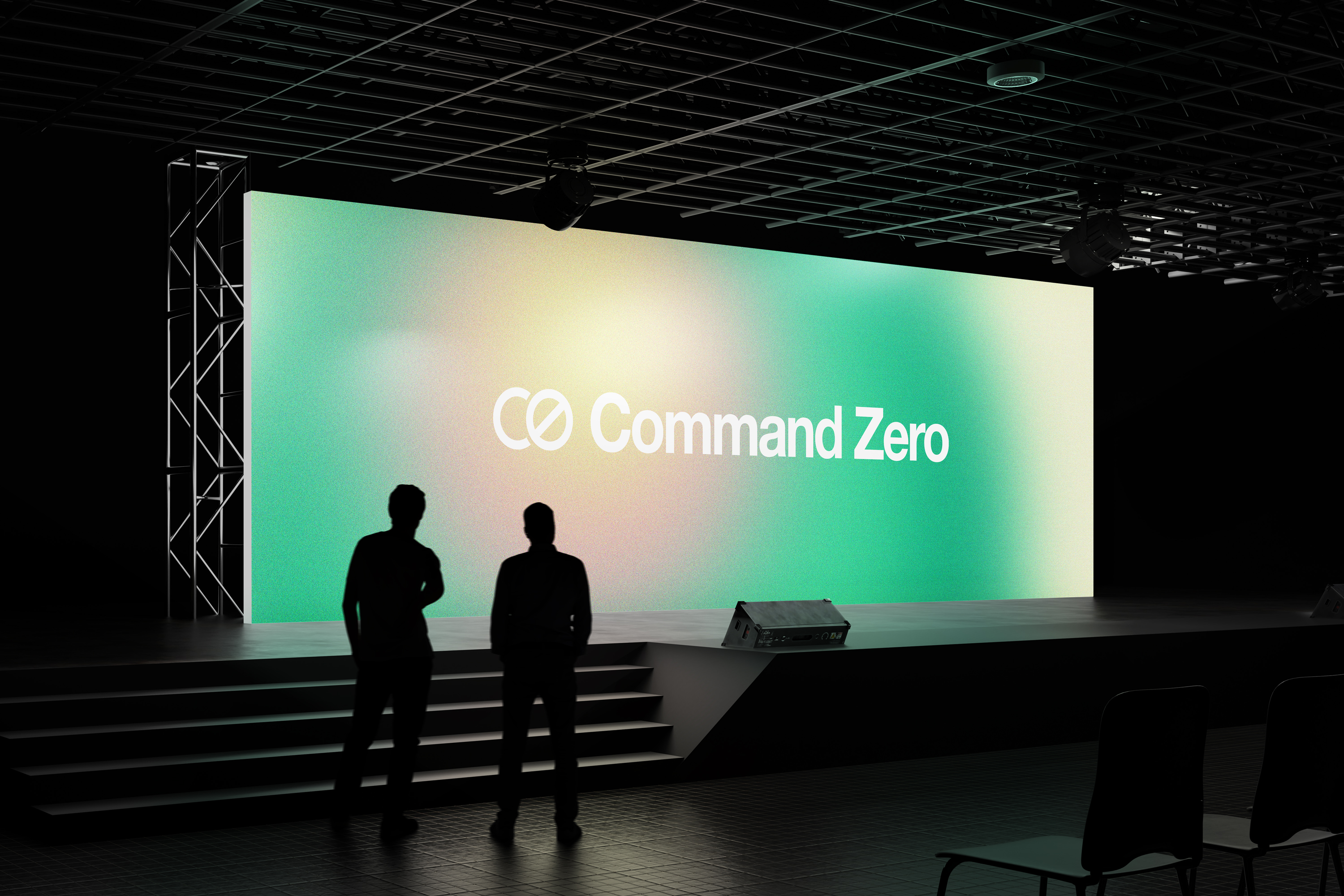 Command Zero logo on a stage billboard with two silhouettes