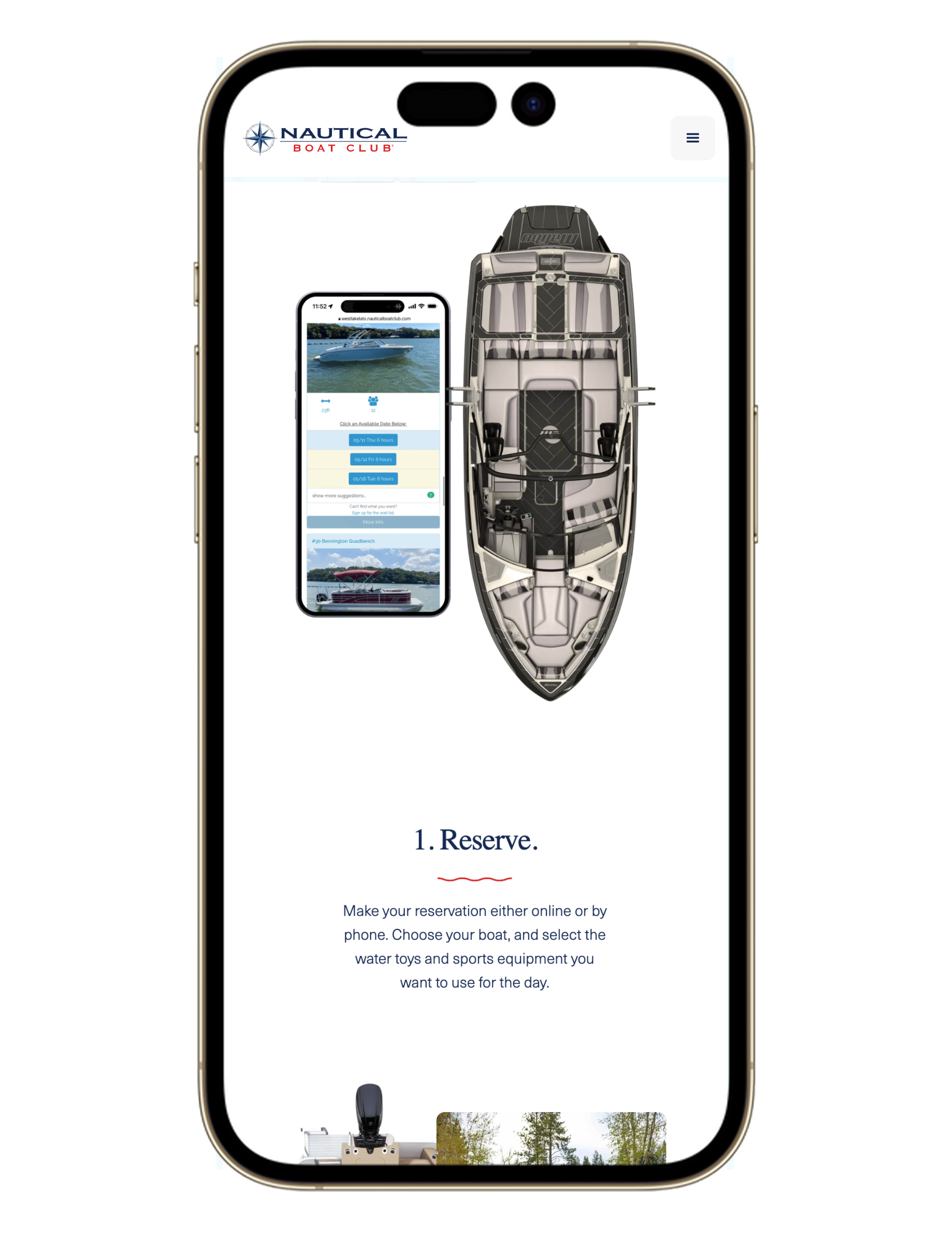 Nautical Boat Club reservation step on an iPhone 15 Pro Max