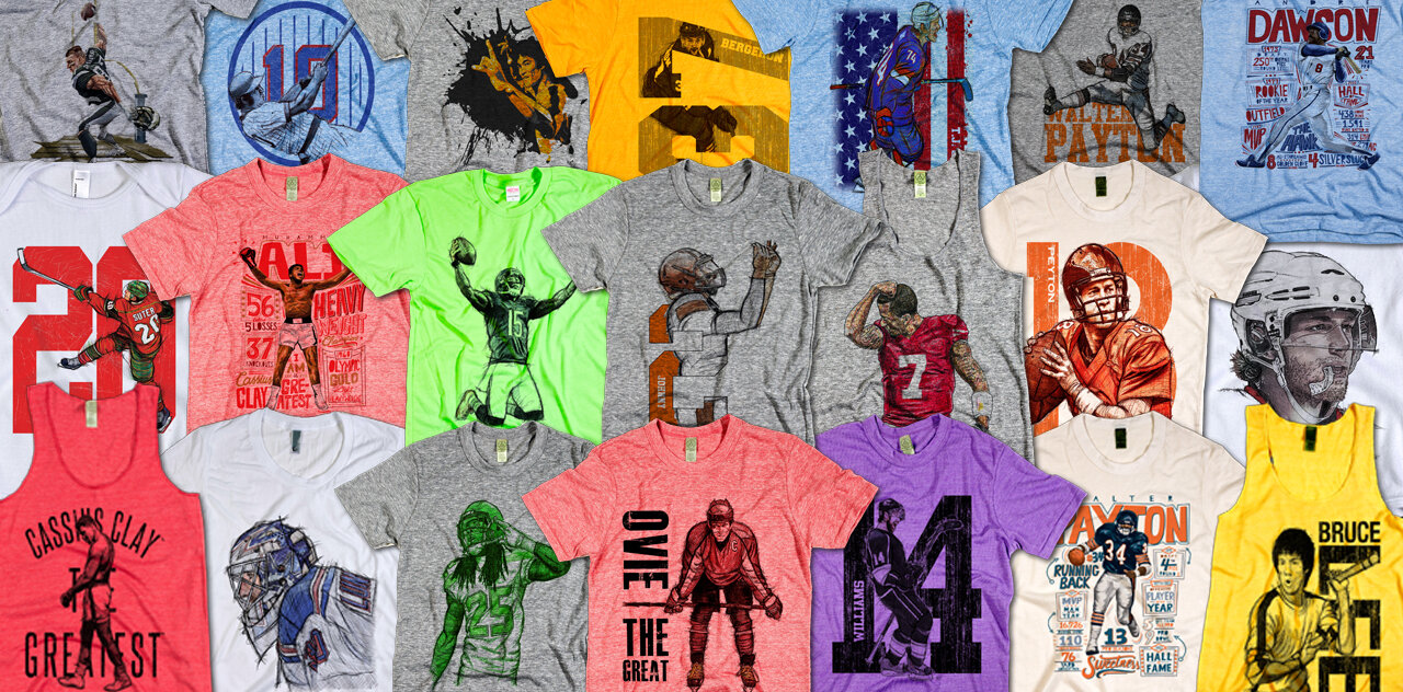 500 Level homepage grid of illustrated player T-shirts