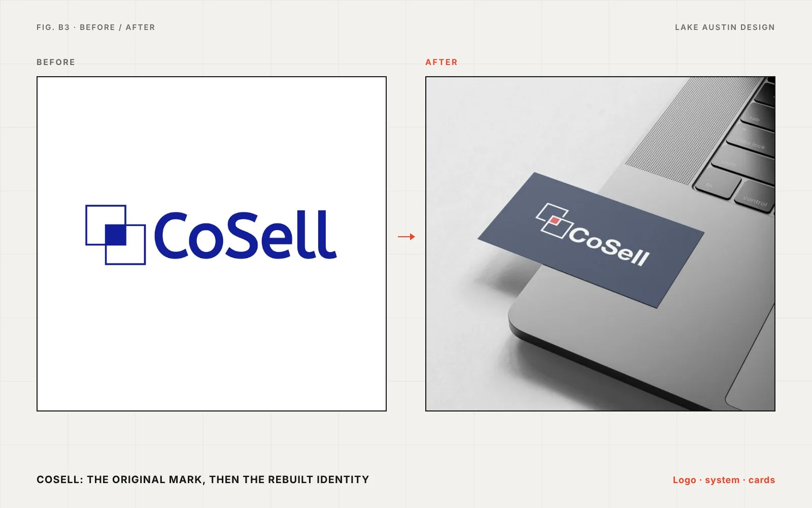 CoSell before and after: the original blue logo, then the new logo on a business card