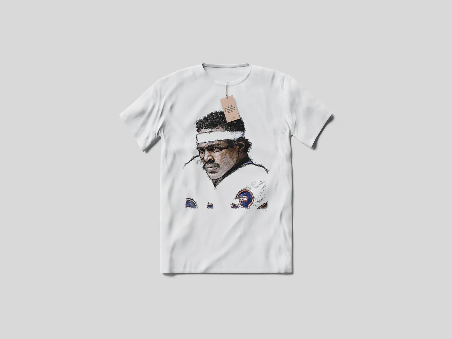Walter Payton illustrated T-shirt mockup with hang tag