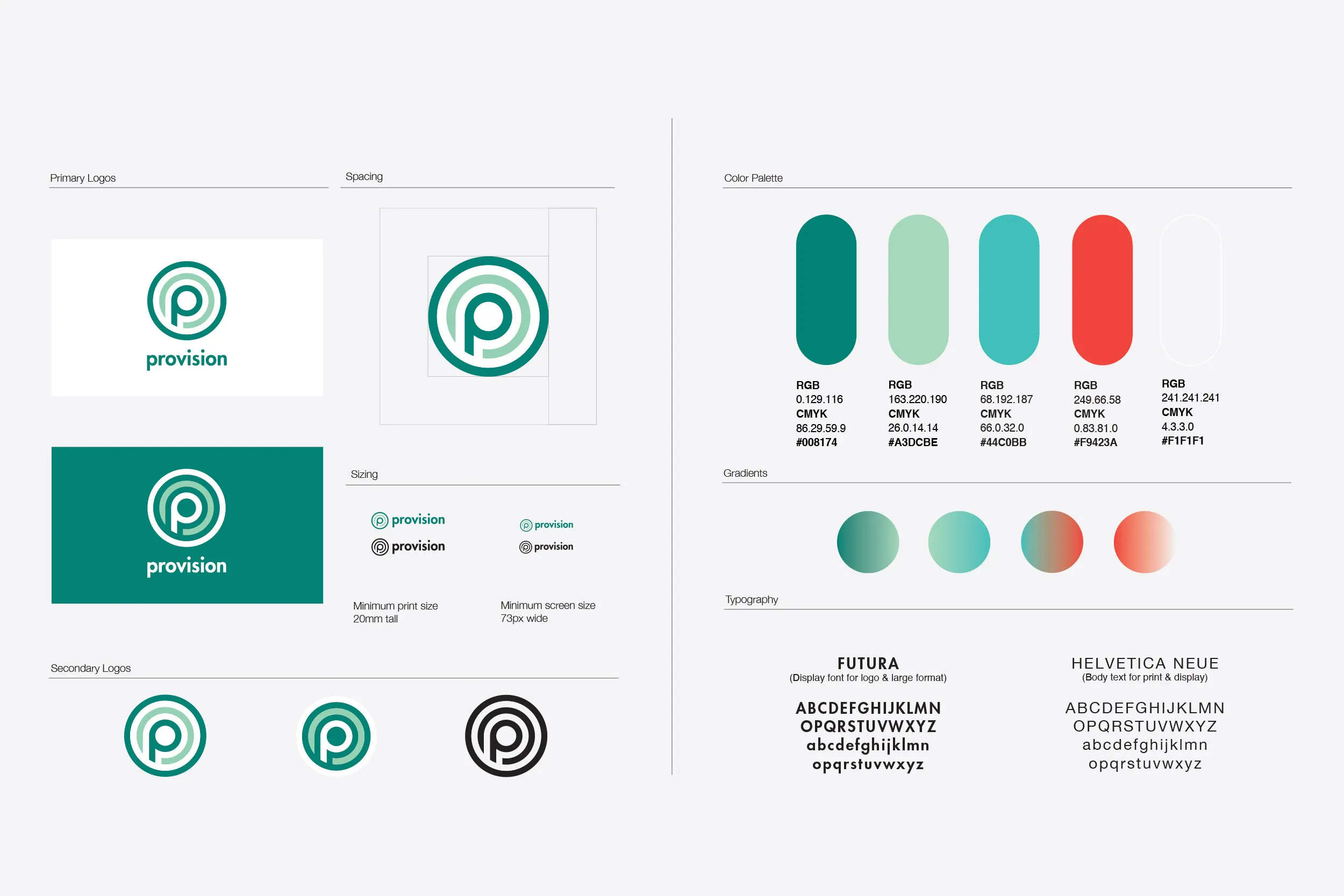 Provision brand guide with teal logo lockups, color palette and Futura and Helvetica type