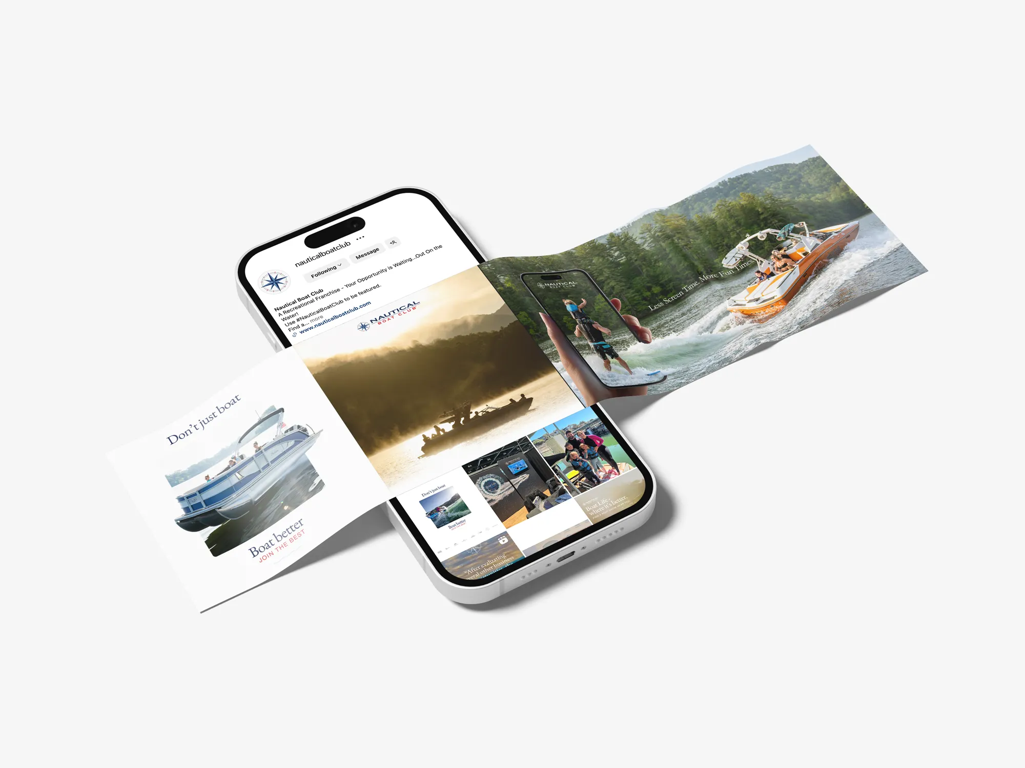 Nautical Boat Club phone carousel and social post mockup