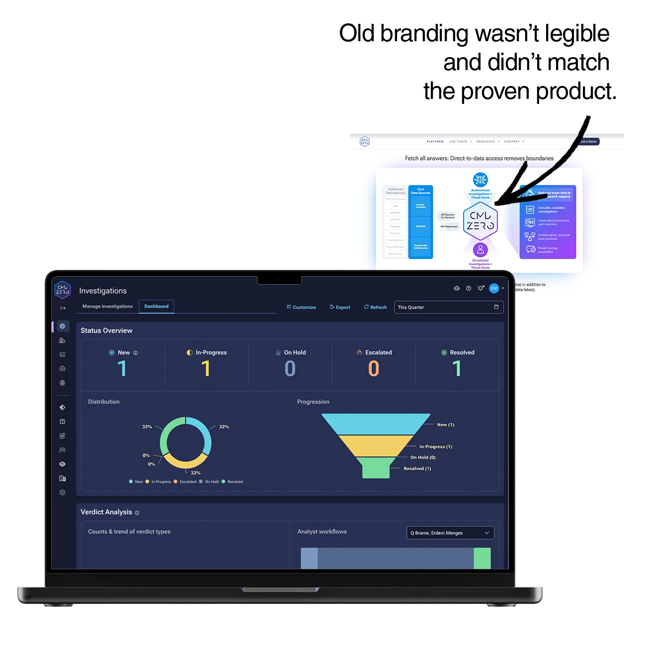 Command Zero product dashboard on a laptop next to the old branding it replaced