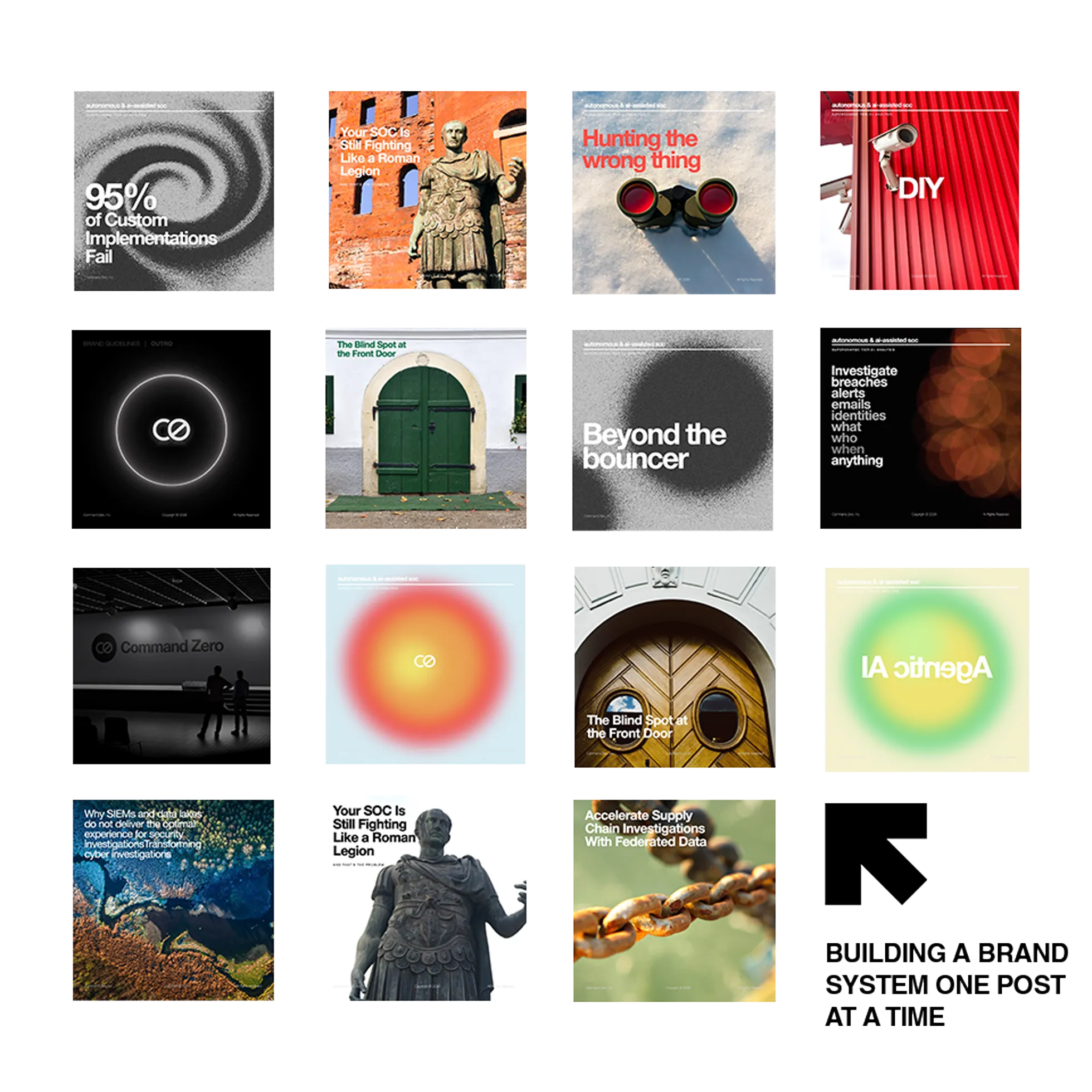 Grid of Command Zero blog post graphics: Building a brand system one post at a time