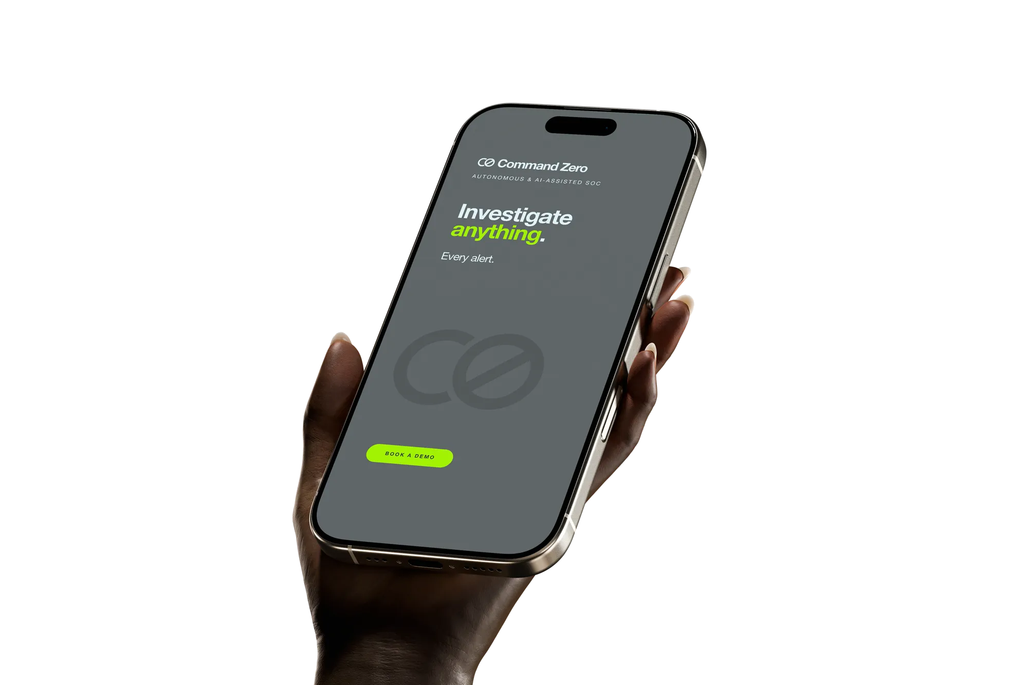 Command Zero mobile site on an iPhone held in hand