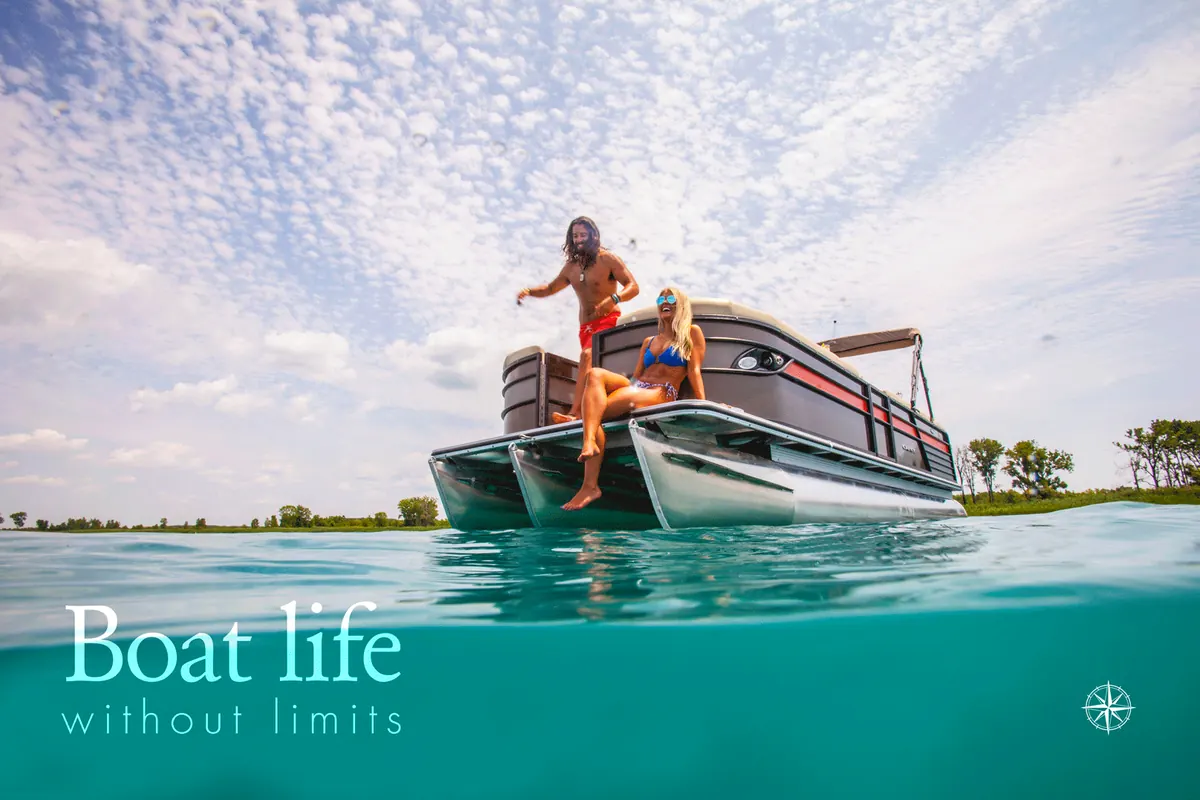 Woman sitting on a pontoon over turquoise water, Nautical Boat Club Boat Life Without Limits animation