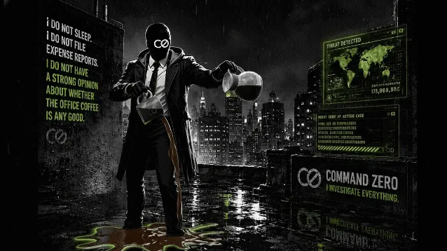 Agent Zero, the Command Zero mascot, animated with a cup of coffee